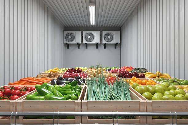 Refrigeration Chamber With Close-up Of Fruits And Vegetables In The Crates